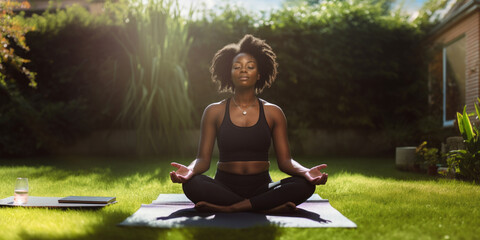 Young African American woman practicing yoga in a garden on a sunny day