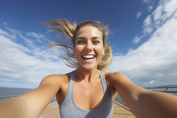 Fitness woman taking a fun selfie against the sky