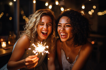 Pair of smiling, fun-loving friends celebrate and have a blast with sparklers and bengal lights in a party-ready studio setting