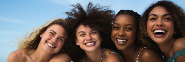 four women pose in a beach, in the style of bold curves, low-angle, joyful and optimistic, multicultural, close up