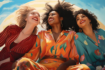 four women pose in a beach, in the style of bold curves, low-angle, joyful and optimistic, multicultural, close up