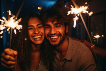 Pair of smiling, fun-loving friends celebrate and have a blast with sparklers and bengal lights in a party-ready studio setting