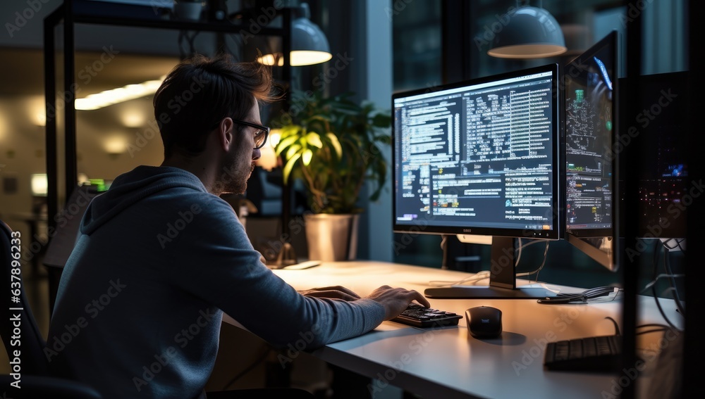 Wall mural side view of male programmer working on computer late at night in office