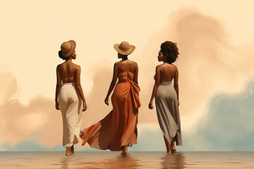 group of friendly ladies standing on beach, in the style of bold curves
