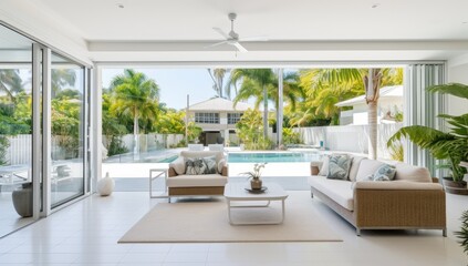 Fototapeta na wymiar Luxury living room with swimming pool and palm trees in background