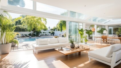 Naklejka premium Luxury living room with swimming pool and white sofa. Nobody inside