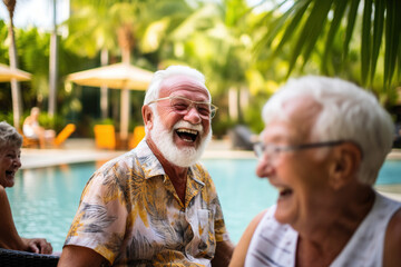 Group of senior citizens laughing happily by the poolside