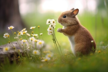 hamster sniffing a daisy in a grassy setting