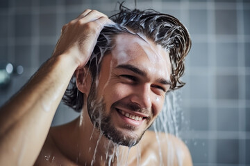 Handsome young man applying shampoo on his hair, preparing for a wash