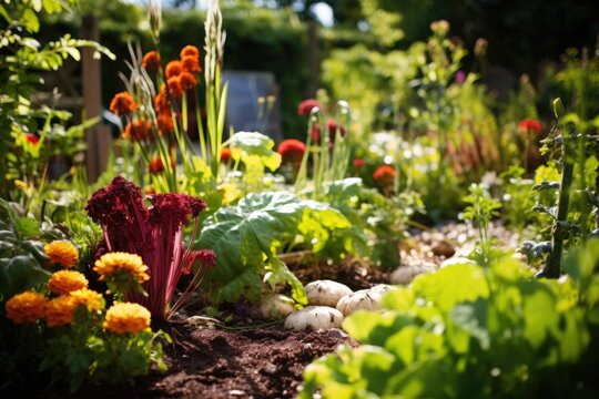 close-up of companion planting in a permaculture garden