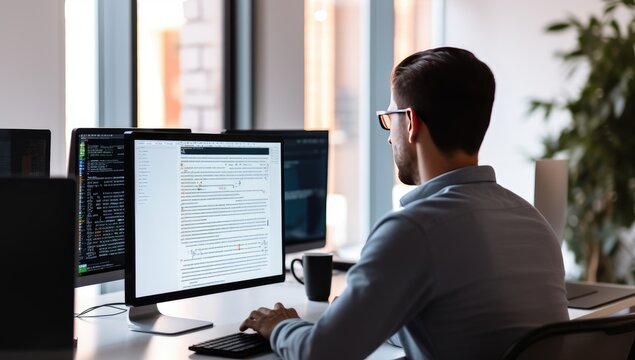 Programmer working on computer at night in office. Programmer typing code on computer.
