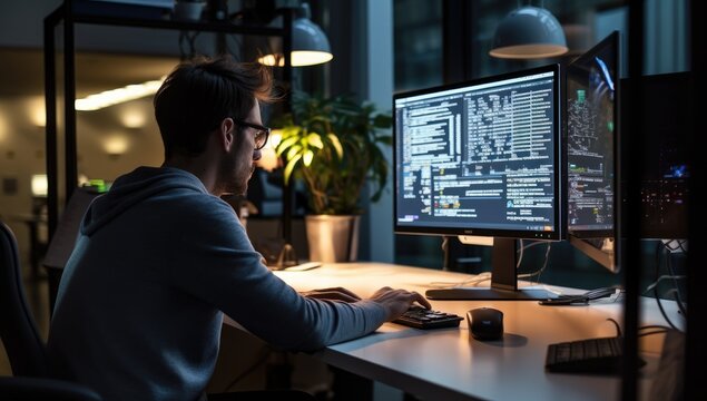Side view of male programmer working on computer late at night in office