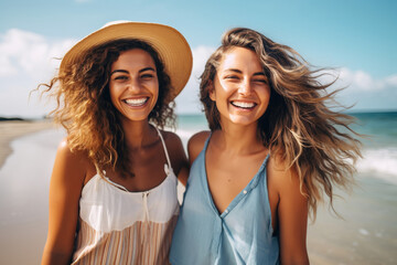 Happy female friends standing on beach water