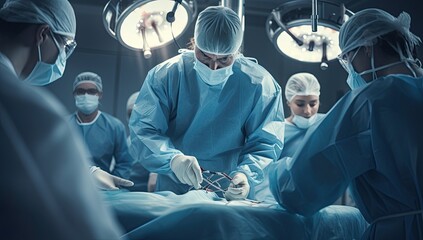 Surgeons at work in operating room. Group of surgeons in operating room with surgery equipment. - obrazy, fototapety, plakaty
