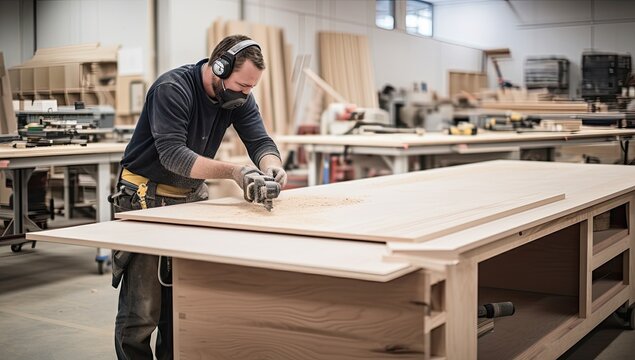 Carpenter working on his craft in a carpentry workshop.