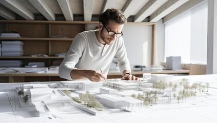 Architect working on blueprint in office, drawing construction plan. Construction concept