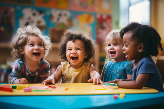 A child laughing and having fun with their friends.  