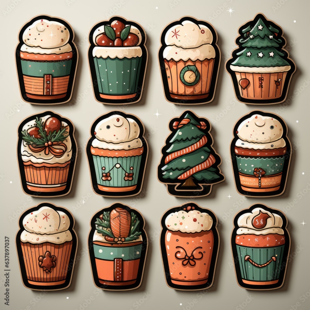 Poster a set of twelve decorated cupcakes with different toppings. digital image.