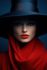 Large red hat with an eye-catching large brim, a modern fashion design model
