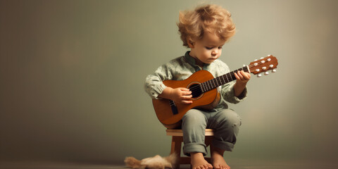A Child Learning How To Play a Musical Instrument.  - obrazy, fototapety, plakaty