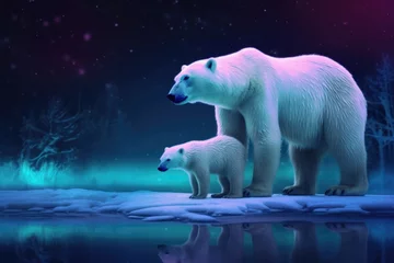 Foto op Canvas polar bear mother and cub with northern lights in the background © Alfazet Chronicles