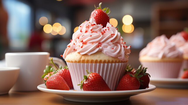 Strawberry cream cupcakes in a gorgeous cafe a food photo