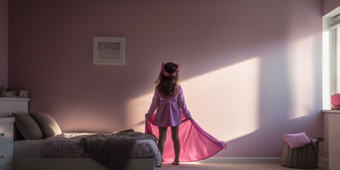 Child Playing Dress-up in their bedroom pretending superhero.  