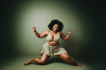 Confident body moves: Plus size woman having fun with her body in a color background