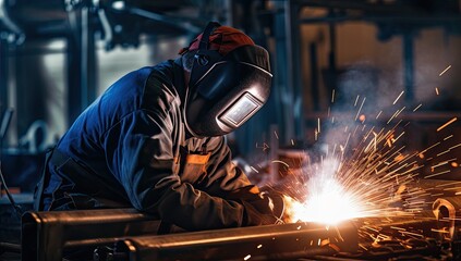 welder at work in a factory, close-up of the welding
