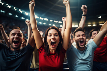 Crowd of sports fans cheering during a match in a stadium - people excited cheering for their...