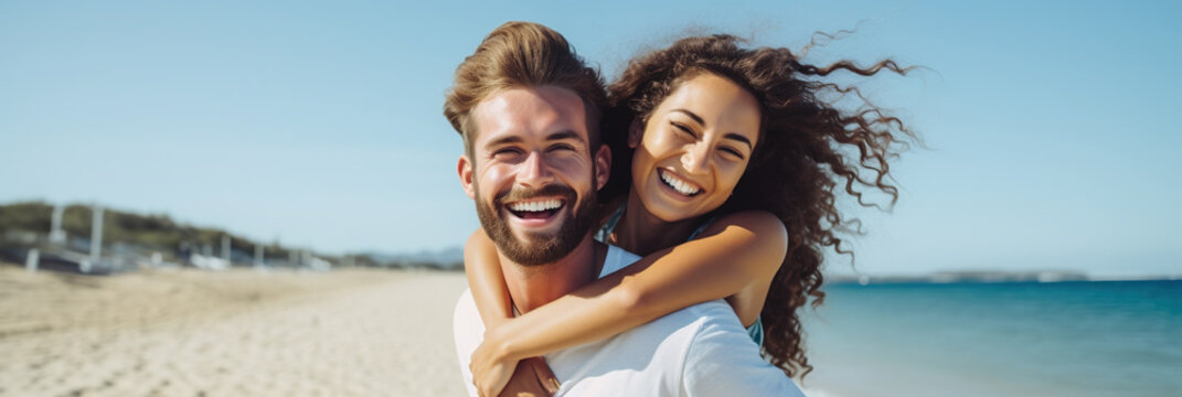 Couple enjoys a piggyback ride at the beach in summer - Powered by Adobe