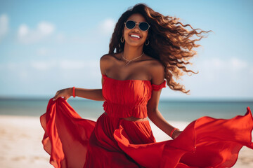 Black American Attractive woman in red dress dancing on the beach
