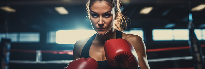 Female boxer punching focus pads in a boxing ring