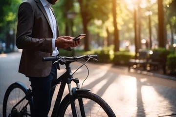 Foto op Canvas business man holding smartphone using bike rental digital phone app scanning qr code to rent electric bicycle in city © AI_images
