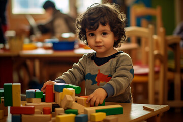 a child playing with blocks in a Daycare Center. Generative AI