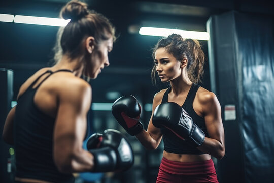 Female boxer training with a coach in a gym
