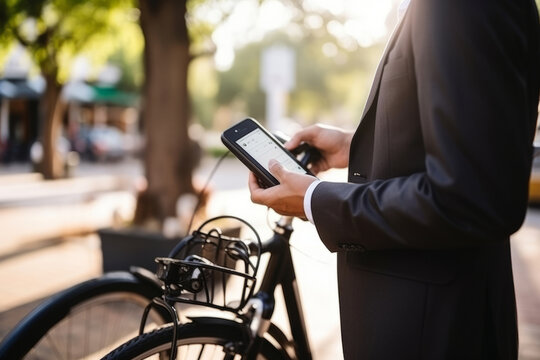 business man holding smartphone using bike rental digital phone app scanning qr code to rent electric bicycle in city