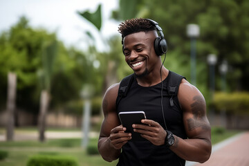 Happy fit sporty young black man sitting in workout park - obrazy, fototapety, plakaty