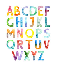Hand drawn watercolor colored alphabet font. Vertically positioned. Suitable for print, postcard, sketchbook cover, poster, stickers, your design.	