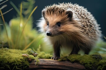 Naklejka premium Cute adult hedgehog in summer or autumn forest. Young beautiful hedgehog in natural habitat, outdoors in nature.
