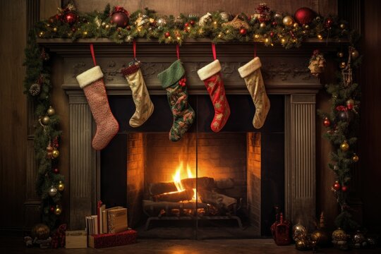 stocking hung by a fireplace with festive garland