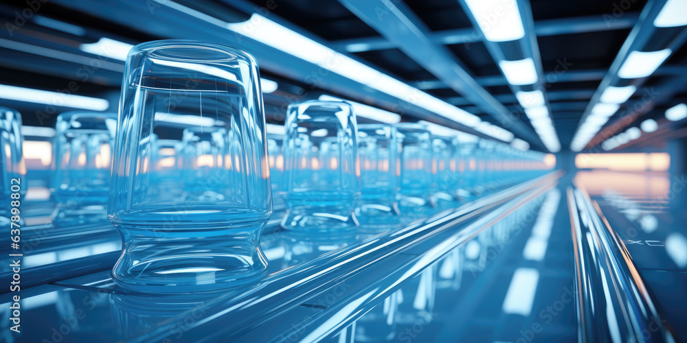 Poster a row of empty glasses sitting on top of a glass shelf. digital image.