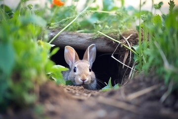 close-up of rabbit digging hole in garden - obrazy, fototapety, plakaty