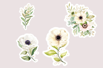 Watercolor Poppy anemone bouquet and branches illustration