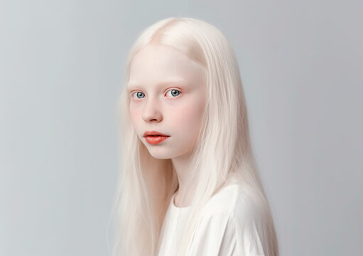 Portrait of an albino girl with long hair on a grey background