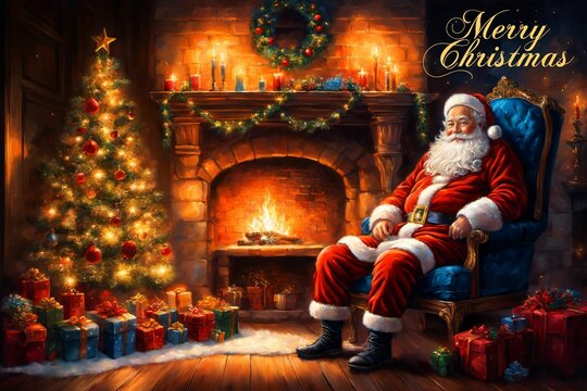 Weihnachtsmann, Santa Claus, sitzt am Kamin umgeben von Geschenken und einem Christbaum. Schritzug: "Merry Christmas"
