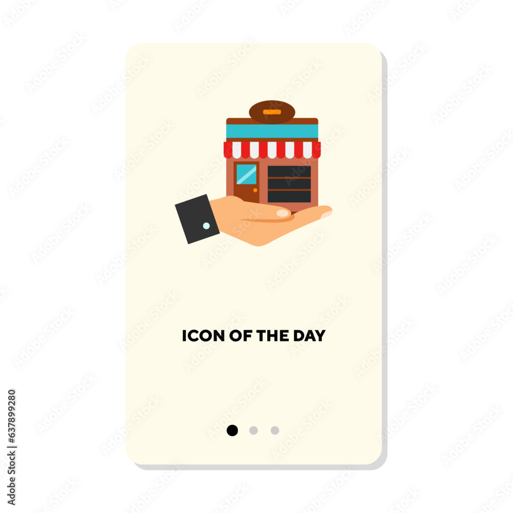 Poster hand holding store flat icon. client, store isolated vector. service and promotion concept. vector i