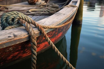 close-up of wooden rowboat tied with rope to dock post - Powered by Adobe