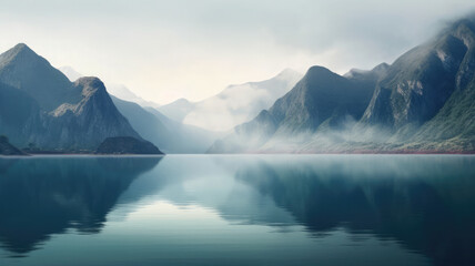 Fototapeta na wymiar Mountain landscape, river, coast, fog, lake, minimalism