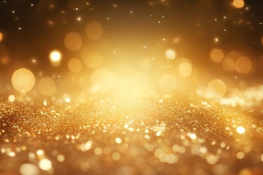 Gold bokeh light background, Christmas glowing bokeh confetti and sparkle texture overlay for your design. Sparkling gold dust abstract golden luxury decoration background.